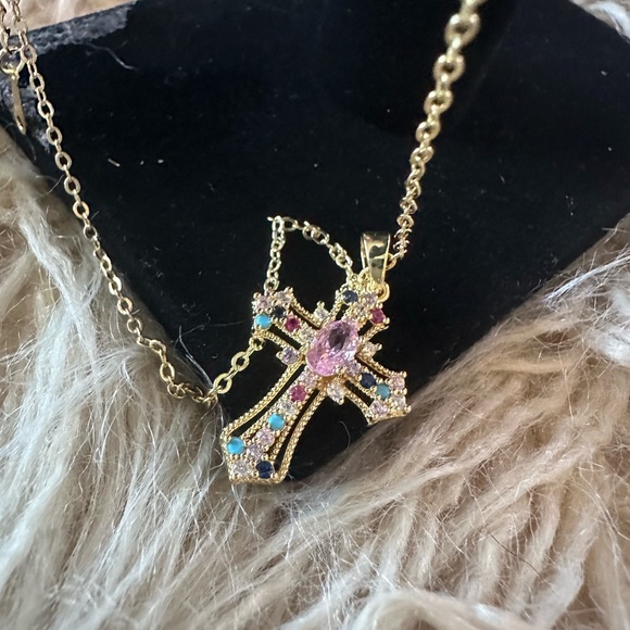 Cubic Zirconia Multi-Color Cross a Faux Gold 15..7” to 17.7” Adjustable … - Picture 3 of 7